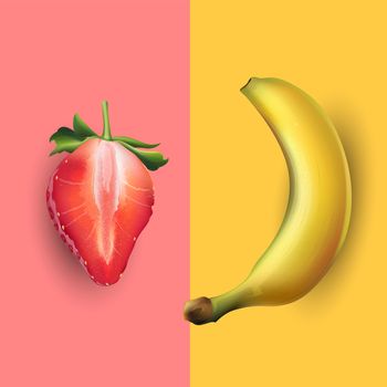 Banana and strawberry on a pink and yellow background.