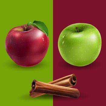 Cinnamon, green and red apples on a background.