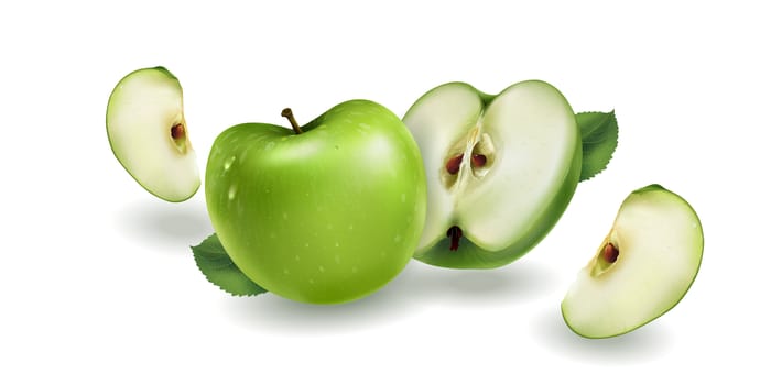 Realistic green apples on a white background,