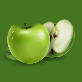 Realistic green apples on a green background.