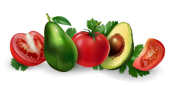 Avocado and tomato slices on a white background.