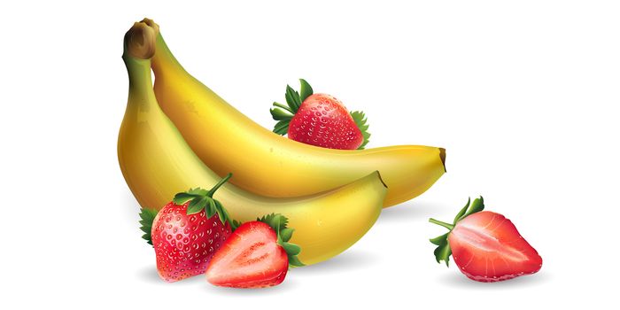 Delicious banana and strawberry on a white background.