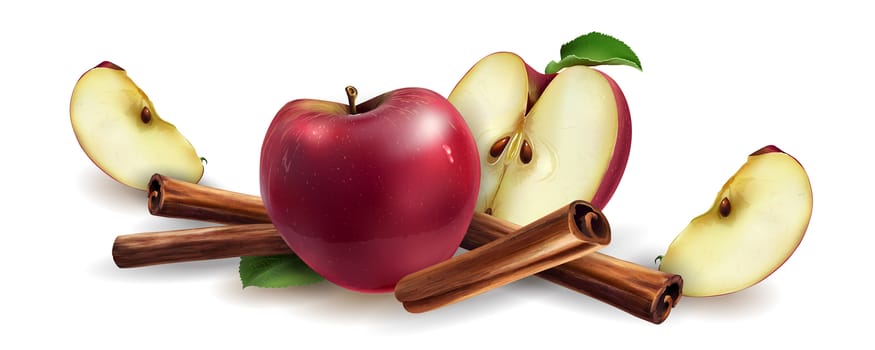 Cinnamon and red apples on a white background.