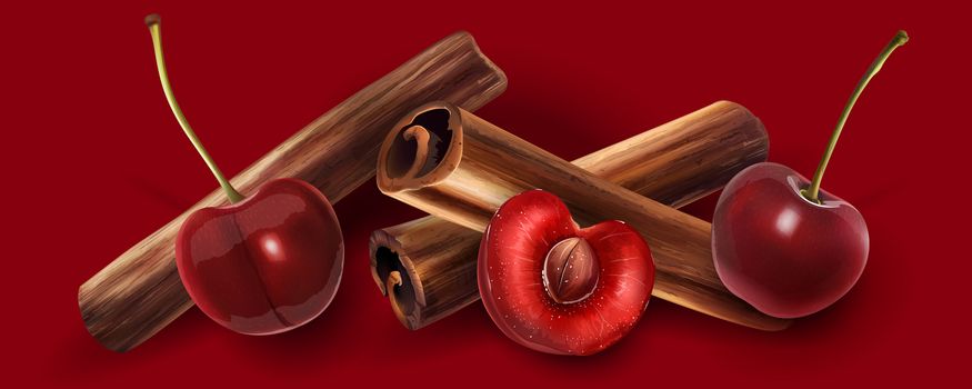 Cinnamon and cherry on a dark red background.