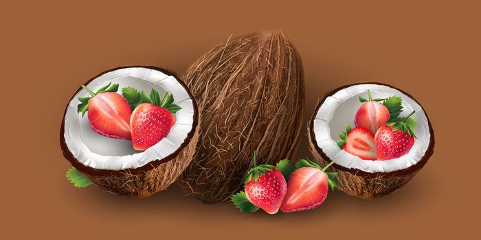 Realistic coconut and strawberry on a chocolate background.