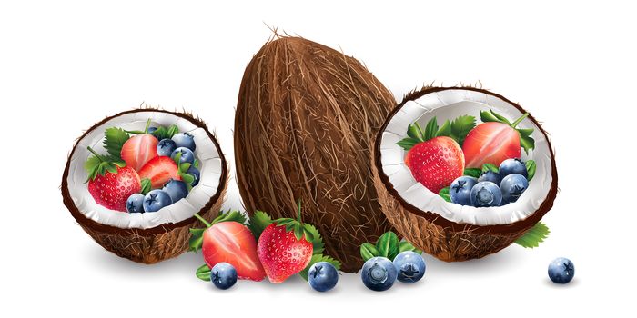 Coconut, blueberries and strawberry on a white background.