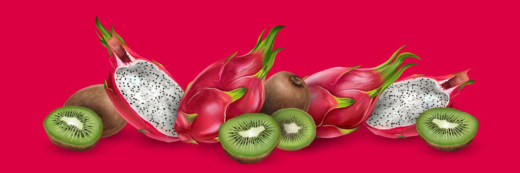 Dragon fruit and kiwi on bright red background.