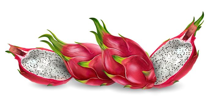 Realistic Dragon fruit on white background.