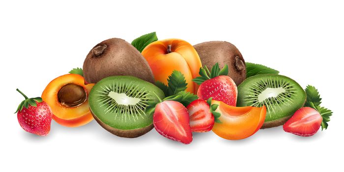 Apricot, strawberry and kiwi on a white background.