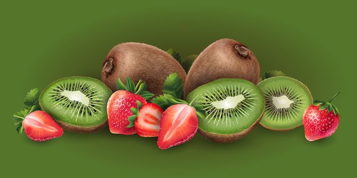 Strawberry and kiwi on green background.