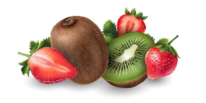 Strawberry and kiwi on white background.