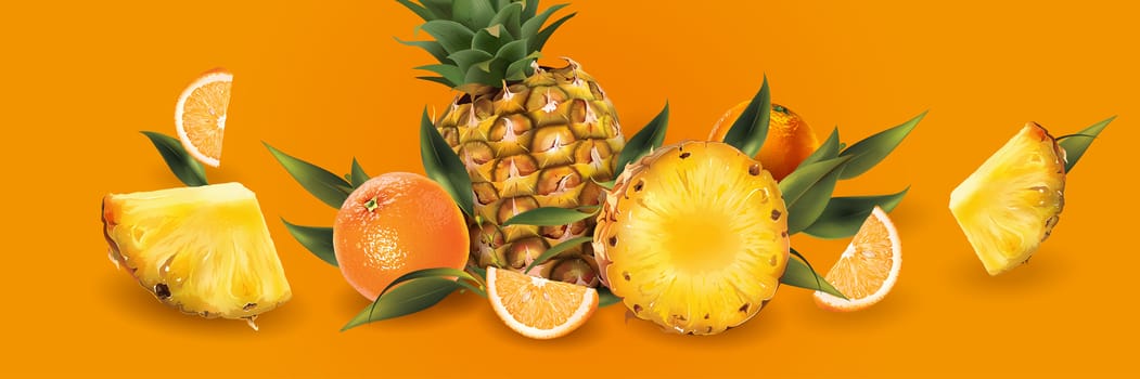 Realistic pineapple and oranges on a orange background.