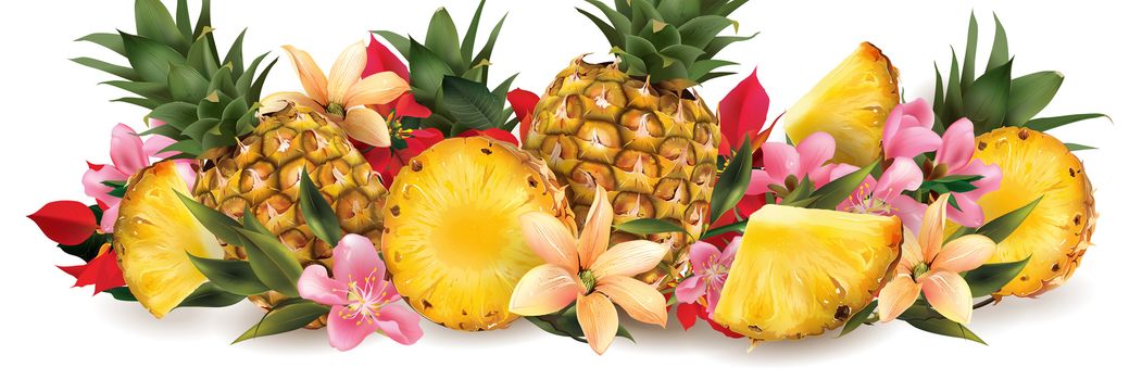 Pineapple slices and many bright tropical flowers