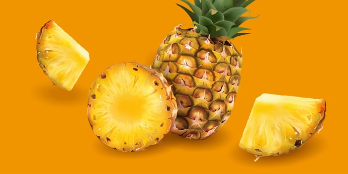Realistic pineapple on a bright yellow background.