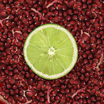 Pomegranate grain and lime on a background.