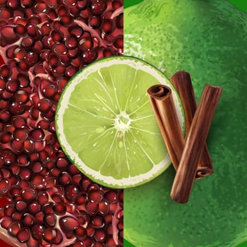 Pomegranate grain, cinnamon and lime on a background.