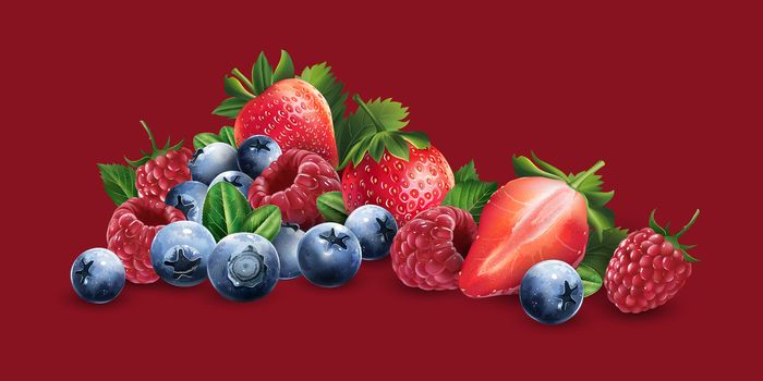 Raspberries, blueberries and strawberries on a red background.