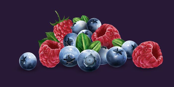 Raspberries, blueberries and strawberries on a blue background.