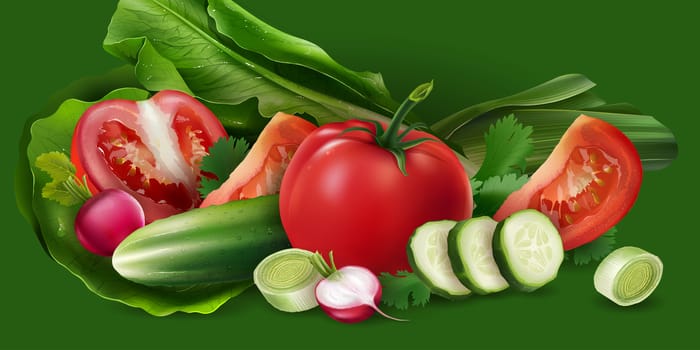 Tomatoes, cucumber and salad on green background.