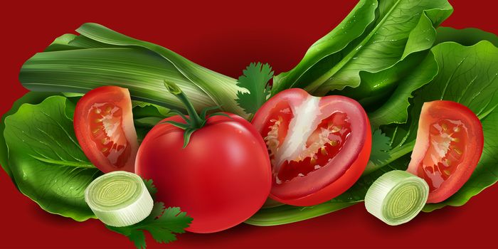Tomatoes, onions and lettuce on red background.