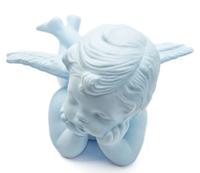 blue ceramic baby angel statue isolated on white background