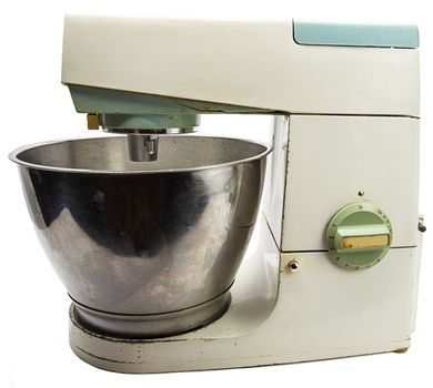 old 70s vintage tabletop kitchen mixer against white background