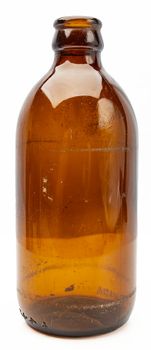 Vintage brown short beer bottle against white background