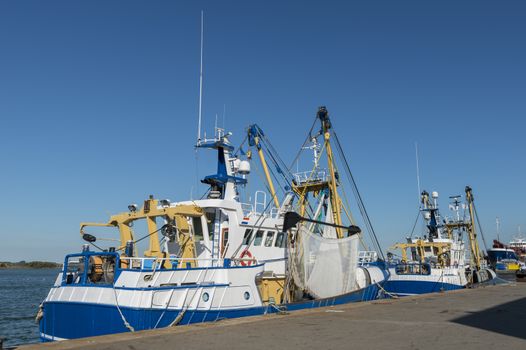 fishing boats in the port of stellendam are ready to sail and fish for shrimp cod and other types of fish,stellendam of is important fisher port of holland