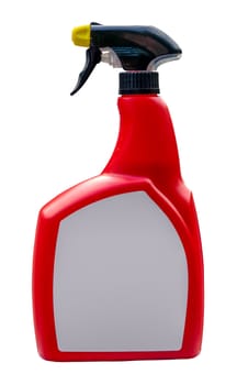 An Isolated Red Plastic Spray Bottle With A Blank Label For Your Text On A White Background