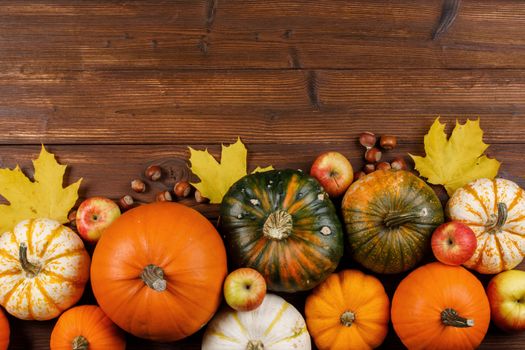 Autumn harvest still life with pumpkins, apples, hazelnut and maple leaves on wooden background