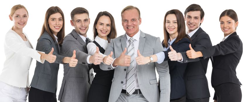 Business team showing thumb up isolated on white background