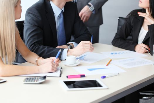 Business team corporate meeting, people working with documents and data statistics at office table