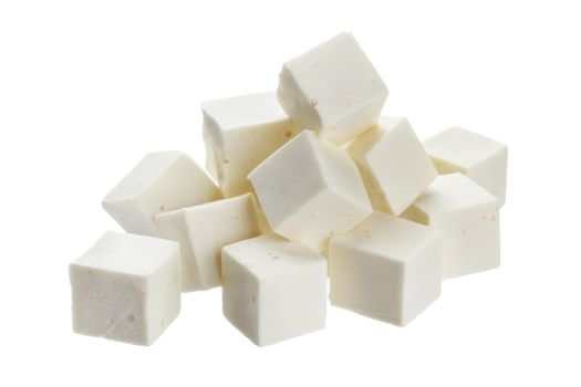 Greek feta cubes. Diced soft cheese isolated on white background with clipping path