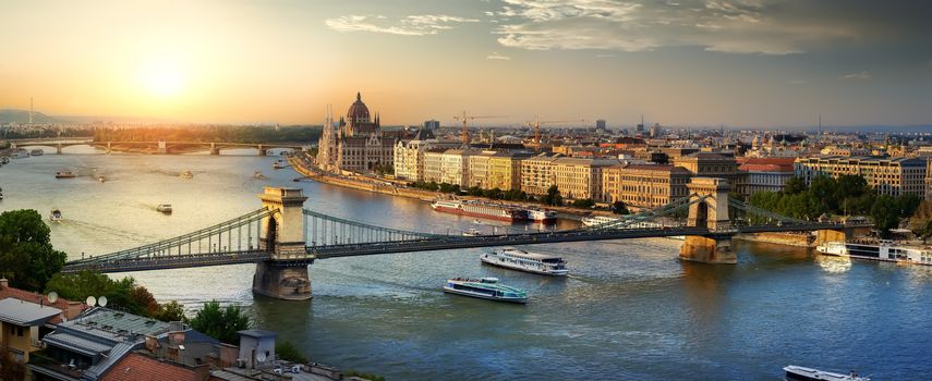 Sunset over Danube and landmarks of Budapest, Hungary