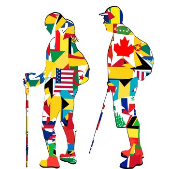 International tourism concept with silhouettes of tourists in flags pattern