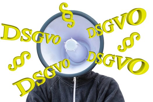 Head as a megaphone or speaker. Concept in 3D,
DSGVO General Data Protection Regulation
