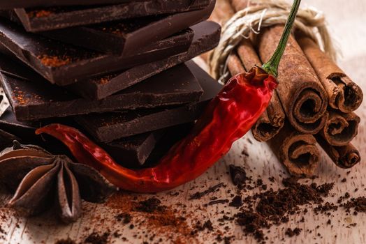 Red Chili Pepper with Chocolate, Anise Star and Cinnamon Sticks