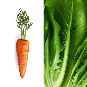Carrot and lettuce on a white and green background.