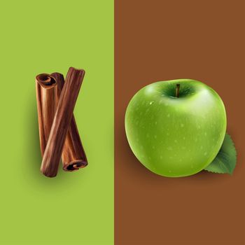 Cinnamon and green apple on a brown and green background.
