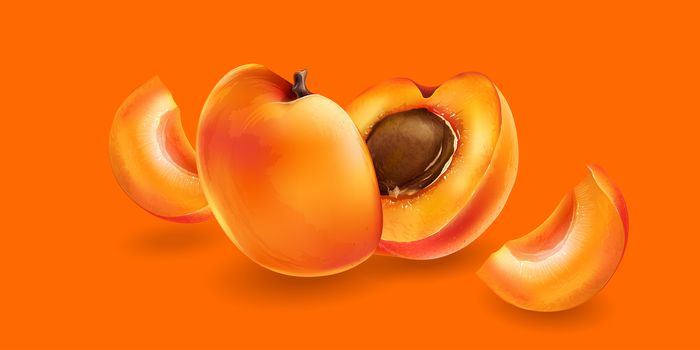 Apricot and cut slices on a bright orange background.