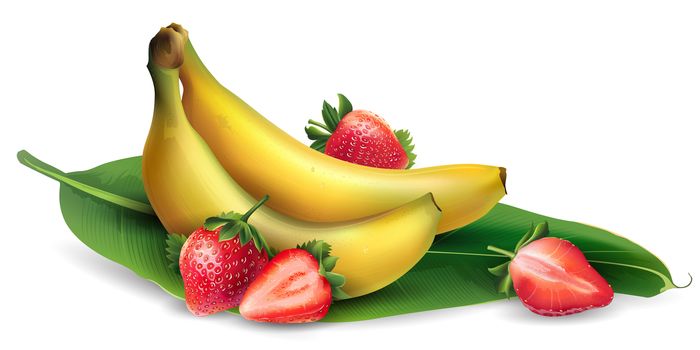 Delicious banana and strawberry on a white background.