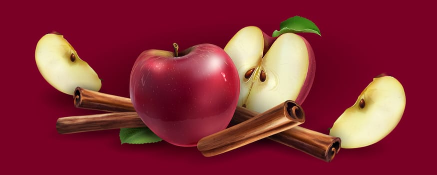 Cinnamon and red apples on a red background.