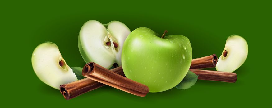 Cinnamon and green apples on a green background.