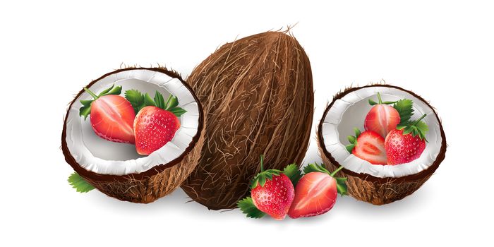 Realistic coconut and strawberry on a white background.