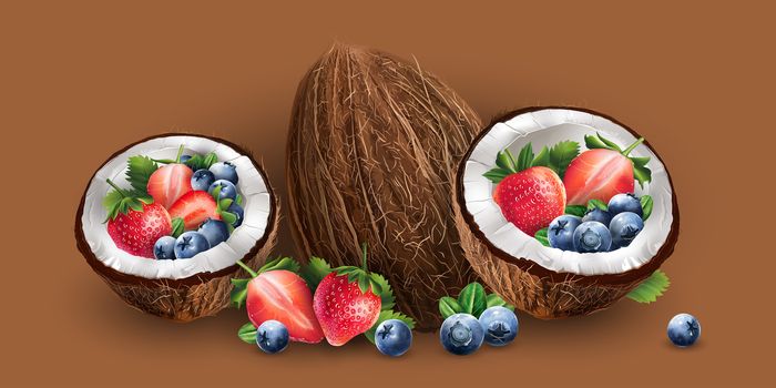 Coconut, blueberries and strawberry on a chocolate background.