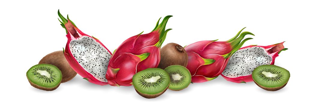 Dragon fruit and kiwi onwhite background.