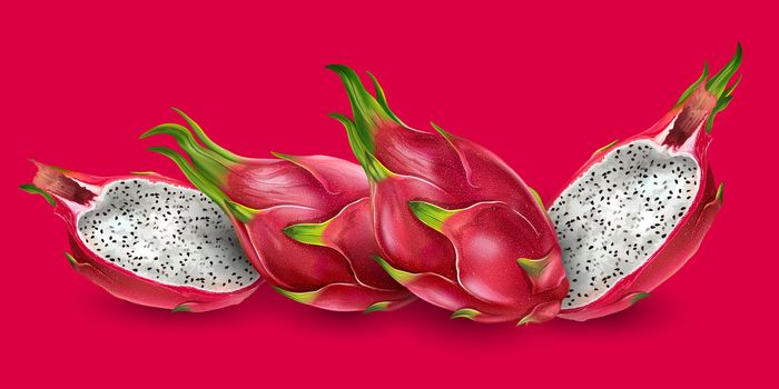 Realistic Dragon fruit on bright red background.