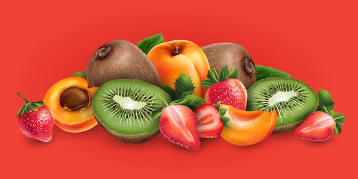 Apricot, strawberry and kiwi on a red background.