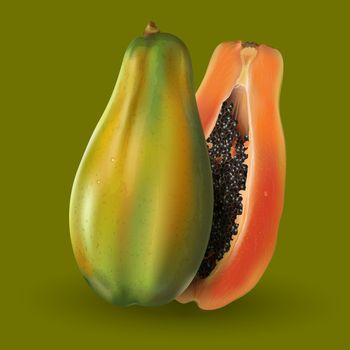 Papaya or pawpaw slices on green background.