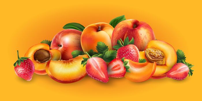 Apricot, peach and strawberry and cut slices on a bright orange background.